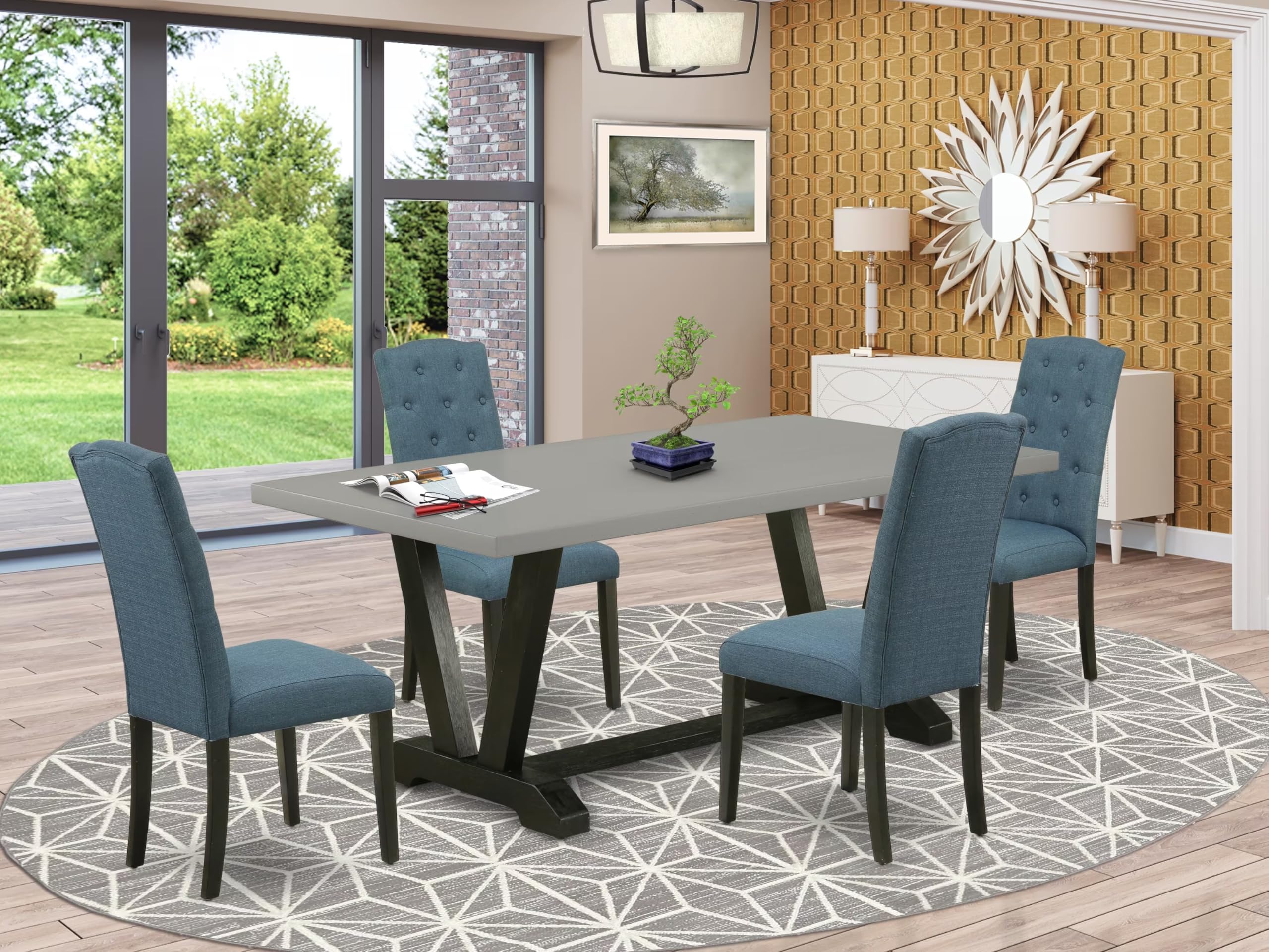 East West Furniture V697Ce121-5 5 Piece Dinette Set Includes A Rectangle Dining Room Table With V-Legs And 4 Mineral Blue Linen Fabric Parson Dining Chairs, 40X72 Inch, Multi-Color